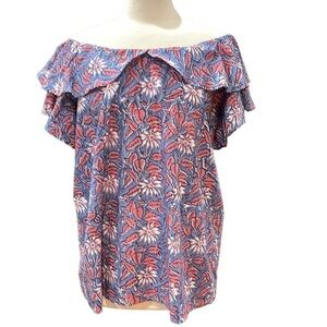 MILLE Block Print Floral Ruffle Shoulder Top SZ L Blue Pink